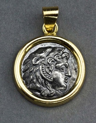 Alexander the Great Greek Silver Coin Pendant in 14 Carat Gold Bezel - Drachm, Amphipolis, 336-323 BC